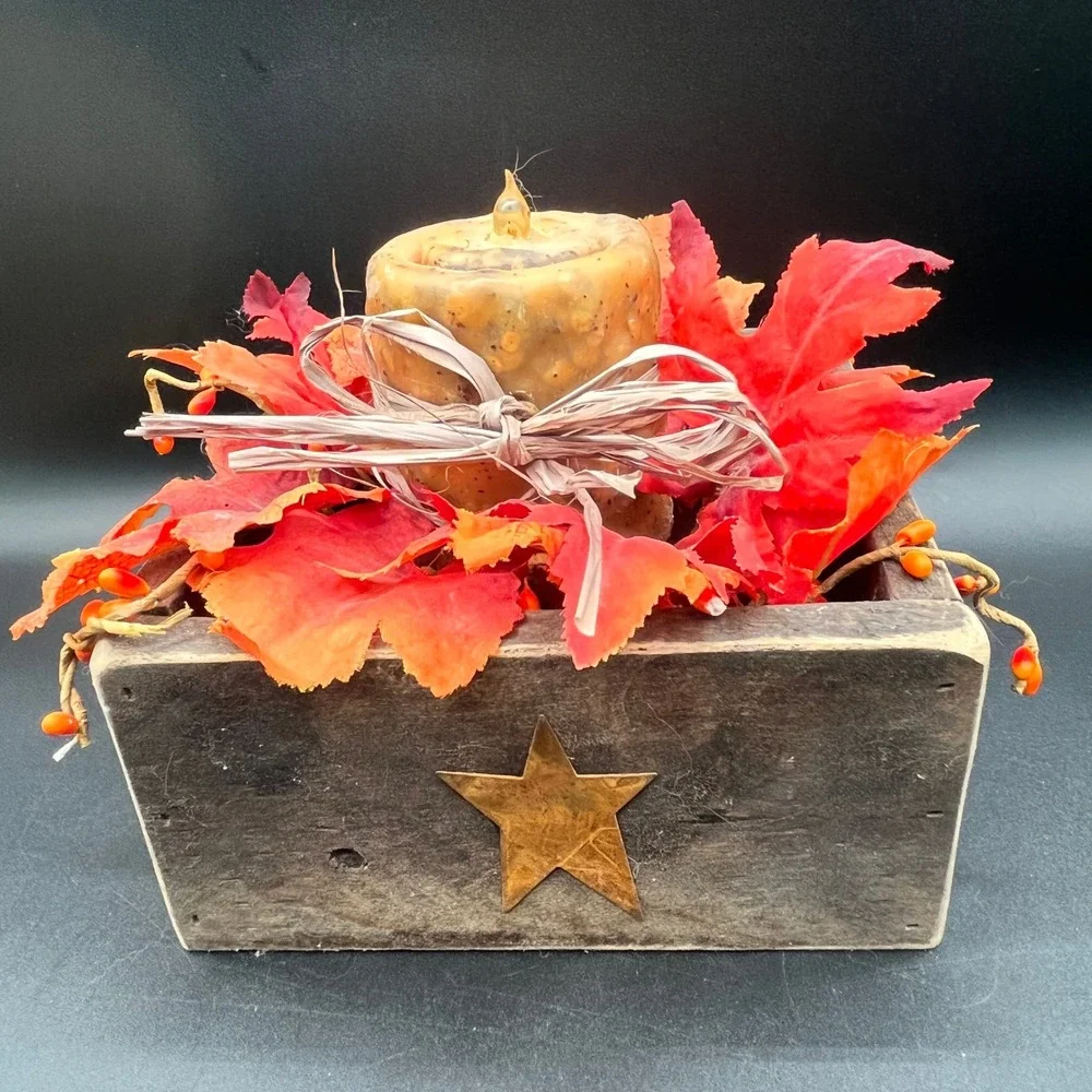 Rustic Fall Candle Centerpiece Wood Crate Maple Leaves Rusty Star 6